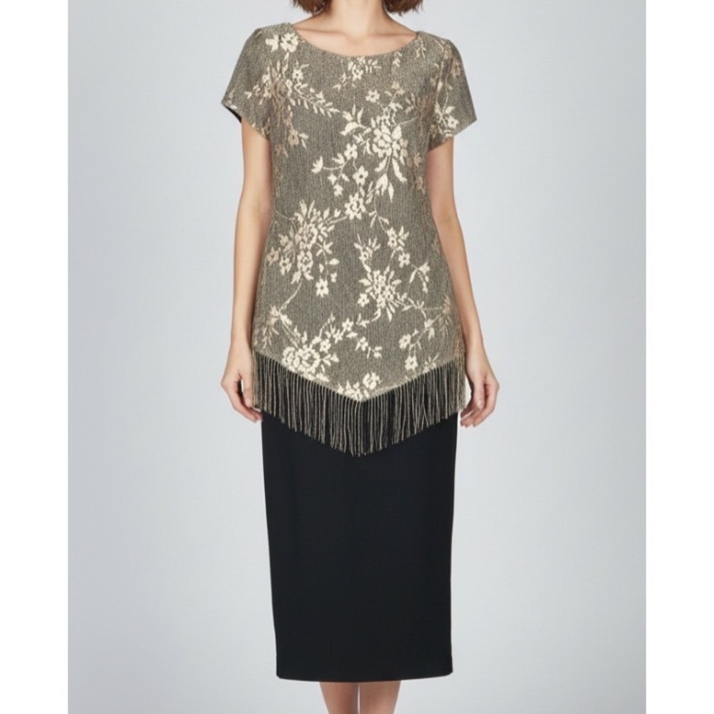 Vtg VIRGO Black Crepe Metallic Gold Floral LACE OVERLAY w/Fringe Sheath Dress 6
